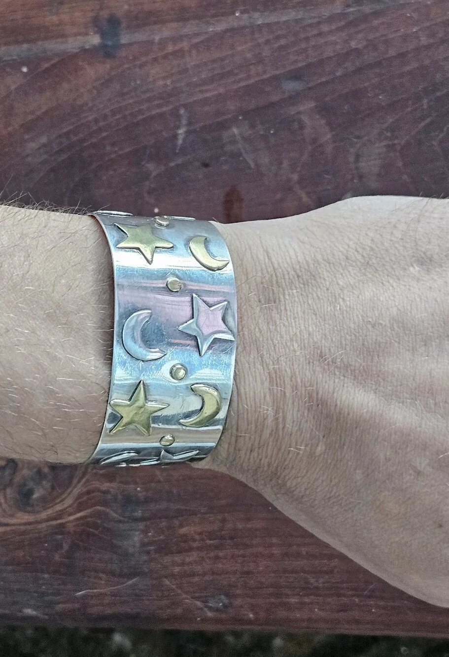 Vintage Taxco Sterling Two-Tone Celestial Cuff Bracelet Silver & Gold Moon Star